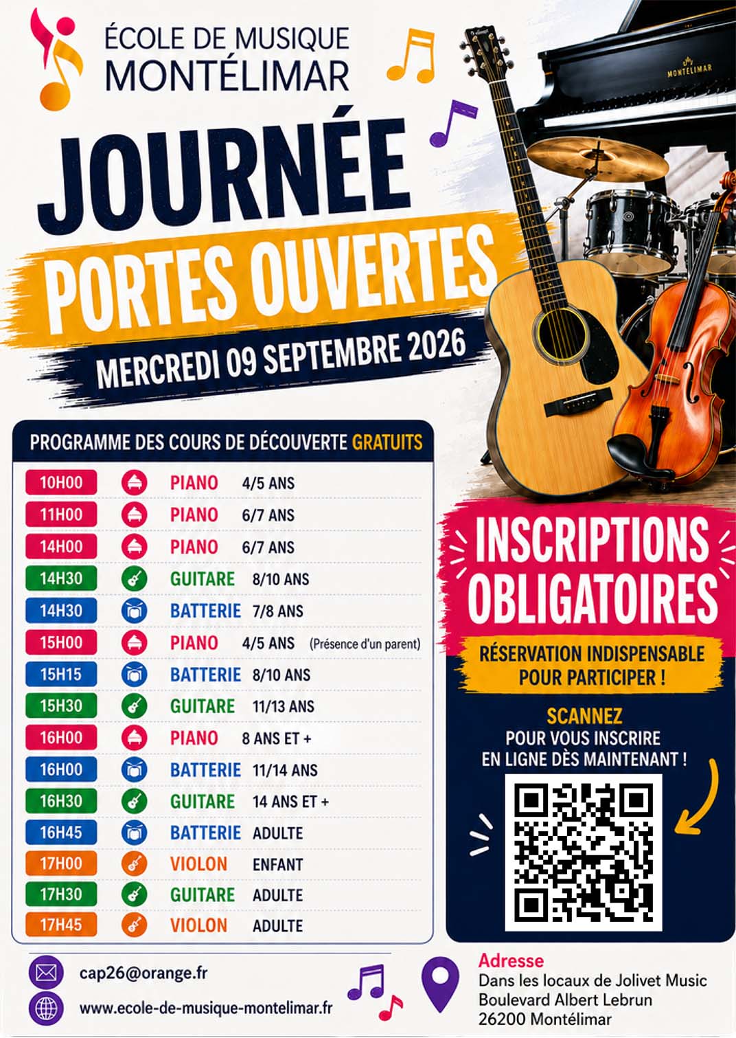 Journées portes ouverte à l'école de musique de Montélimar pour la saison 2026 2027